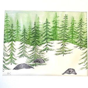 PAINTING WATERCOLOR ORIGINAL ART LANDSCAPE EVERGREEN TREE WINTER 11X14 MAT 16X20